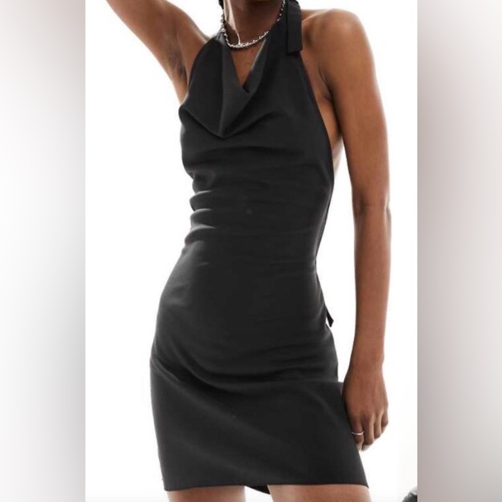 Collusion tailored halter cowl neck dress with buckle details in black